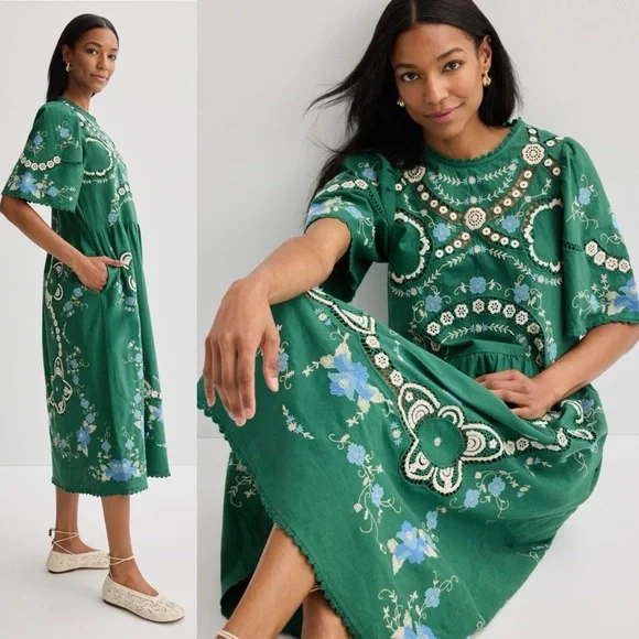 SEA New York Vesna Embroidered Midi Dress Green Floral Cotton Linen Size Small - Picture 11 of 16